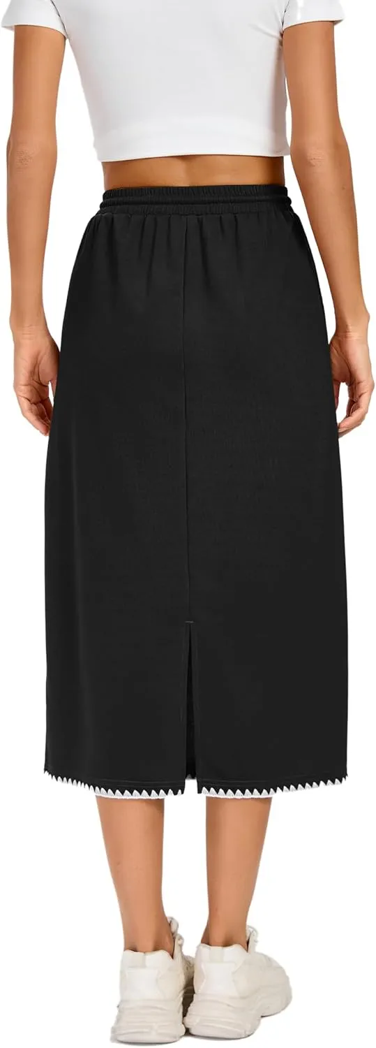 Kate Kasin Womens High Waisted Midi Skirt with Slit Elastic Drawstring Casual Skirt with Pockets