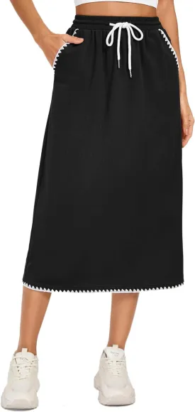 Kate Kasin Womens High Waisted Midi Skirt with Slit Elastic Drawstring Casual Skirt with Pockets