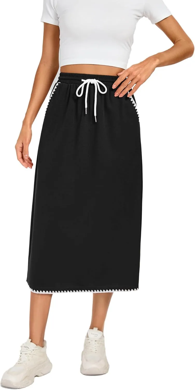 Kate Kasin Womens High Waisted Midi Skirt with Slit Elastic Drawstring Casual Skirt with Pockets