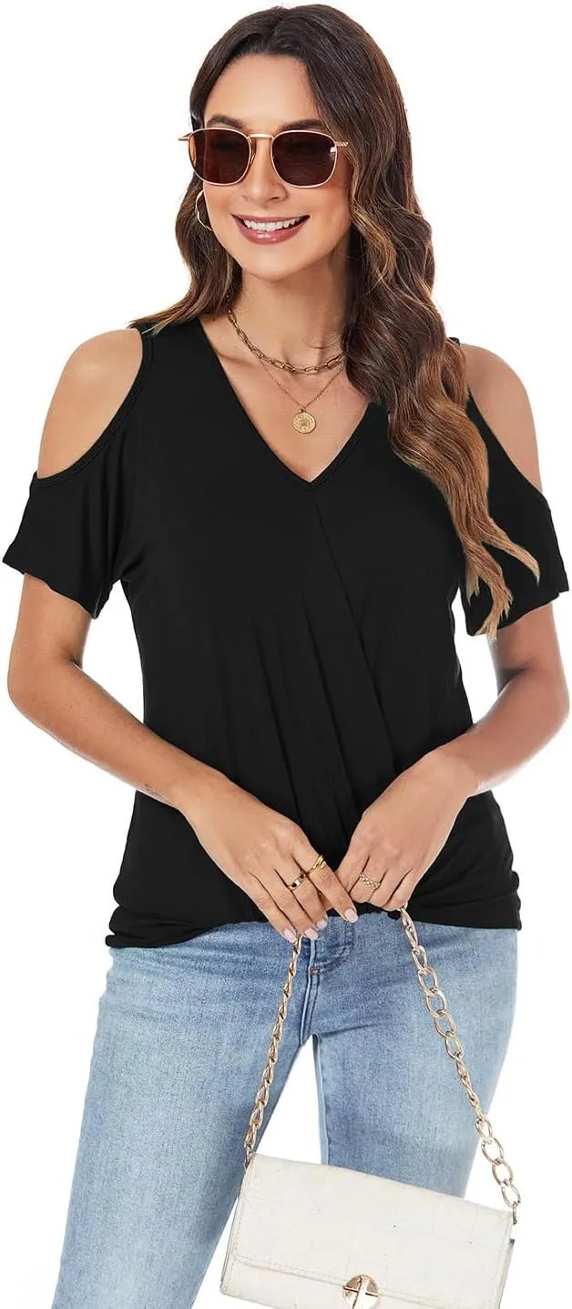 LEIYEE Womens Summer Cold Shoulder Tops Sexy Casual Short Sleeve V Neck Cute Front Knot Ruched Shirred T Shirt Blouse