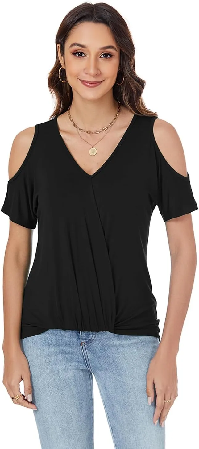 LEIYEE Womens Summer Cold Shoulder Tops Sexy Casual Short Sleeve V Neck Cute Front Knot Ruched Shirred T Shirt Blouse