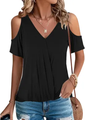 LEIYEE Womens Summer Cold Shoulder Tops Sexy Casual Short Sleeve V Neck Cute Front Knot Ruched Shirred T Shirt Blouse