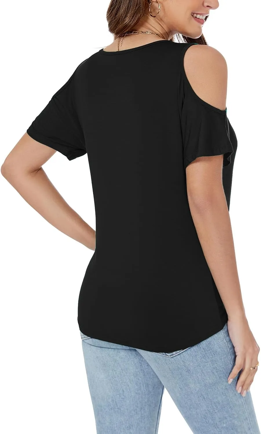LEIYEE Womens Summer Cold Shoulder Tops Sexy Casual Short Sleeve V Neck Cute Front Knot Ruched Shirred T Shirt Blouse