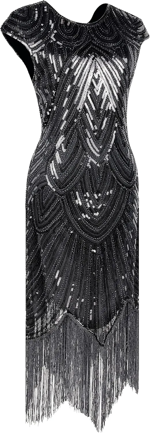 Letter Love Womens Vintage Lace Fringed Gatsby 1920s Cocktail Dress with 20s Accessories Set