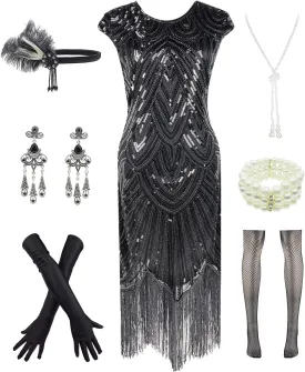 Letter Love Womens Vintage Lace Fringed Gatsby 1920s Cocktail Dress with 20s Accessories Set