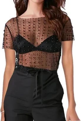 LOFAAC Women Sexy Pearl Rhinestone Beaded Sheer Mesh Crop Tee Shirt Slim Fit Short Sleeve See Through Cover Up Crop Top