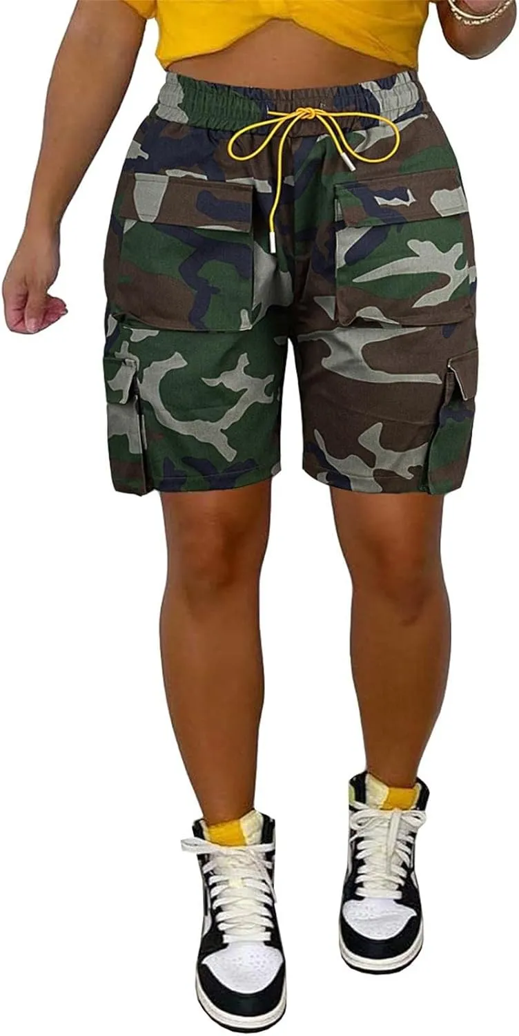Lucuna Women's Camo Shorts High Waisted Multi-Pocket Army Fatigue Camouflage Casual Cargo Shorts