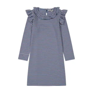 Luna Girls Ruffle Dress Blue Pink Stripe