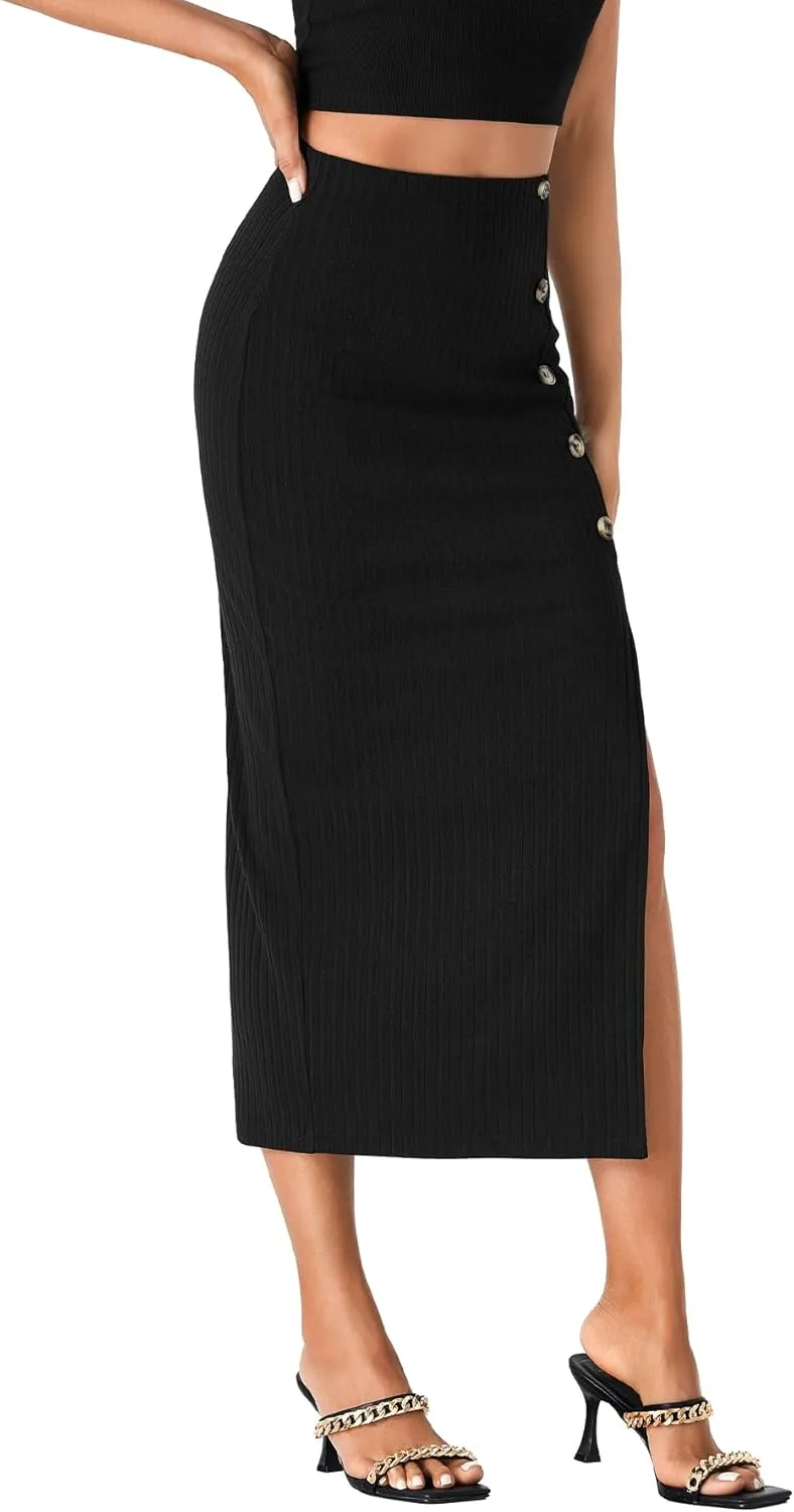 LYANER Women's High Waist Long Pencil Skirt Side Split Bodycon Party Club Night Out Midi Skirts
