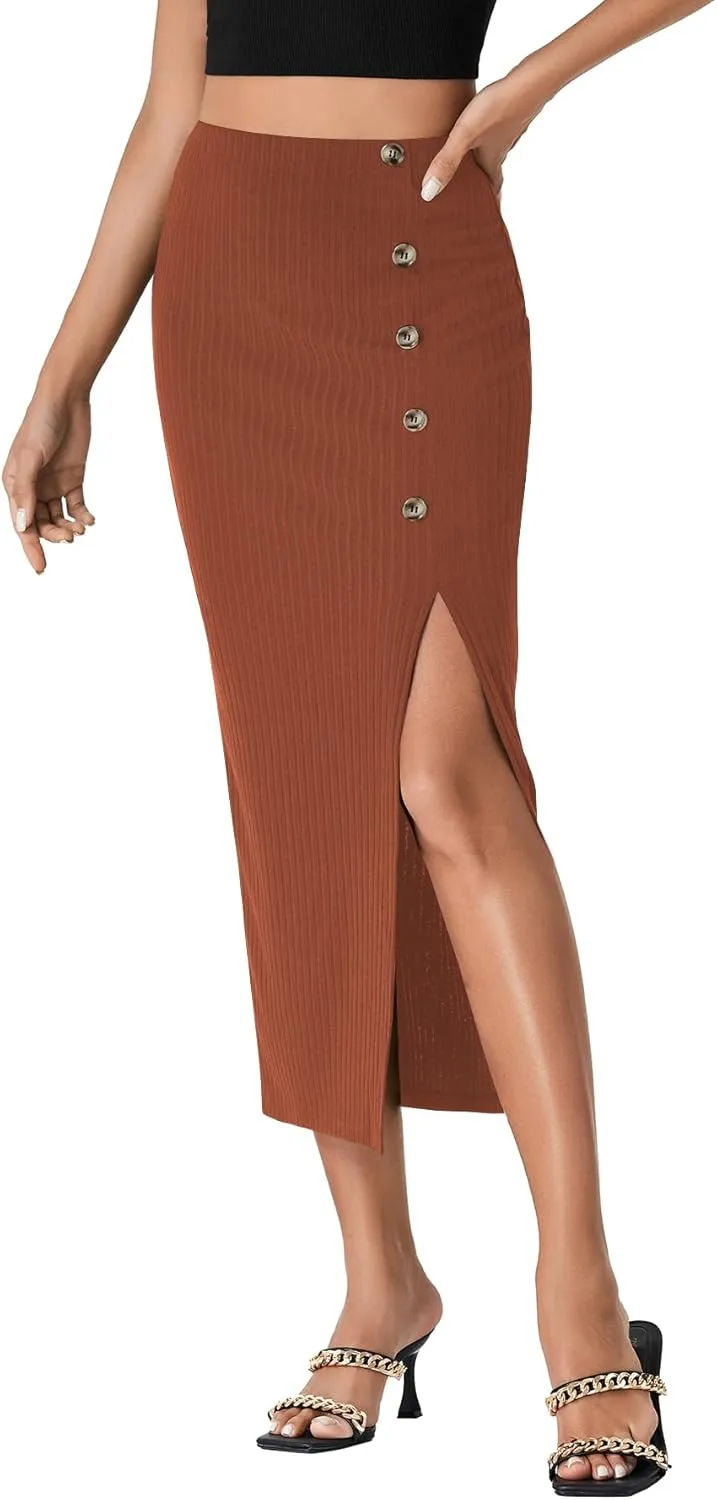 LYANER Women's High Waist Long Pencil Skirt Side Split Bodycon Party Club Night Out Midi Skirts