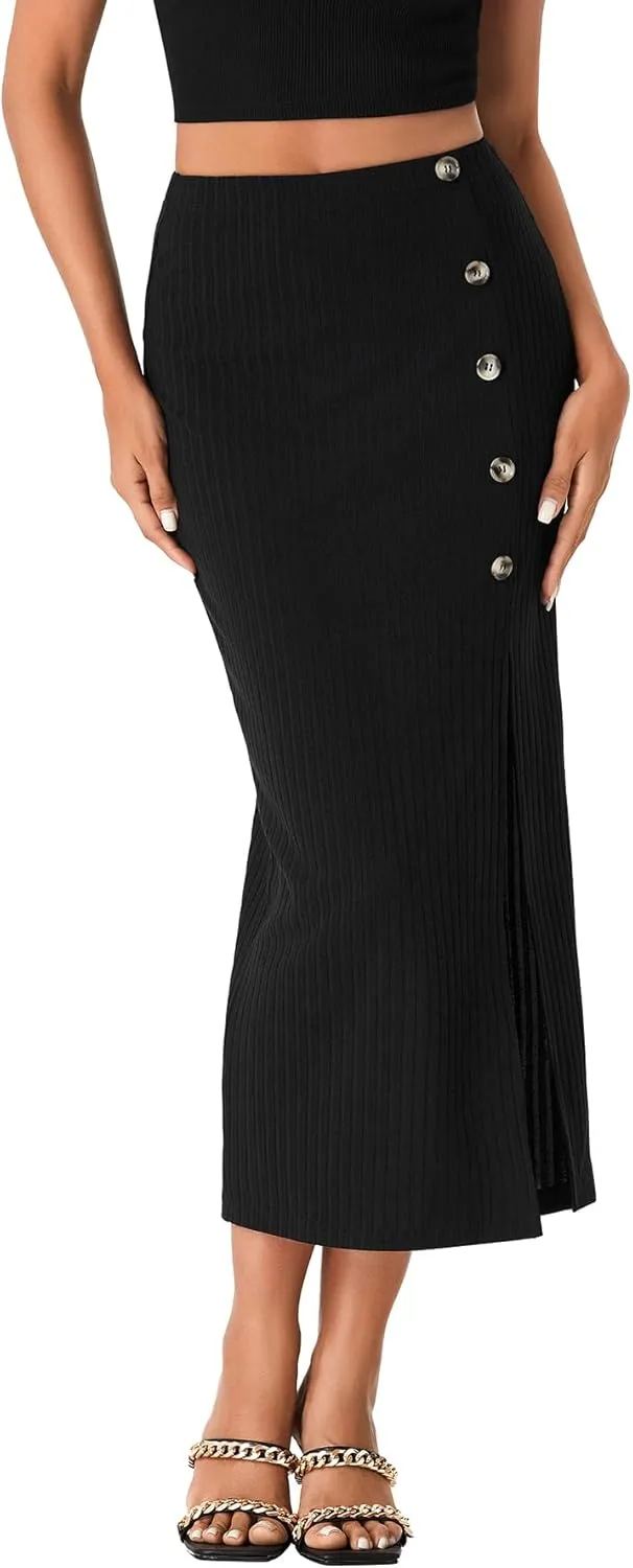 LYANER Women's High Waist Long Pencil Skirt Side Split Bodycon Party Club Night Out Midi Skirts