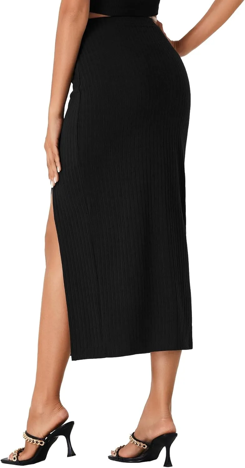 LYANER Women's High Waist Long Pencil Skirt Side Split Bodycon Party Club Night Out Midi Skirts