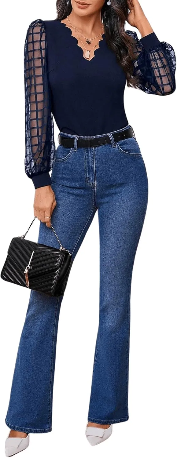 MakeMeChic Women's Lace Long Sleeve Tops Sheer Mesh Scallop Trim V Neck Blouse Shirt