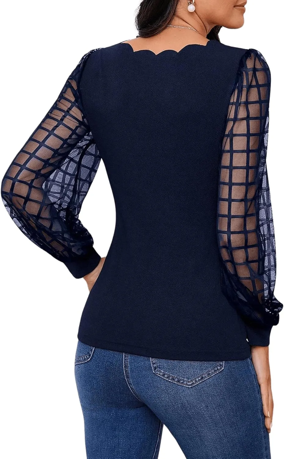 MakeMeChic Women's Lace Long Sleeve Tops Sheer Mesh Scallop Trim V Neck Blouse Shirt