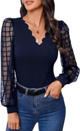 MakeMeChic Women's Lace Long Sleeve Tops Sheer Mesh Scallop Trim V Neck Blouse Shirt