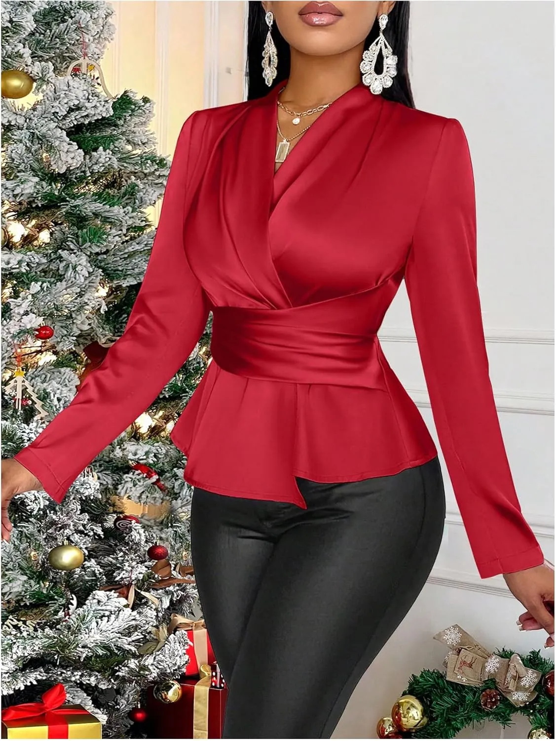 MakeMeChic Women's Wrap V Neck Long Sleeve Ruched Satin Shirt Blouse Elegant Peplum Tops