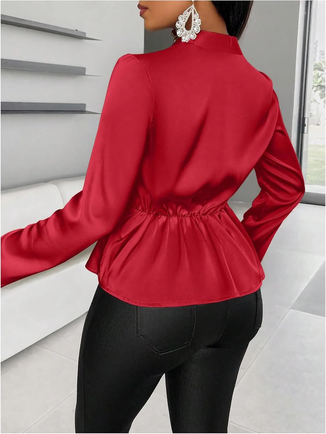 MakeMeChic Women's Wrap V Neck Long Sleeve Ruched Satin Shirt Blouse Elegant Peplum Tops