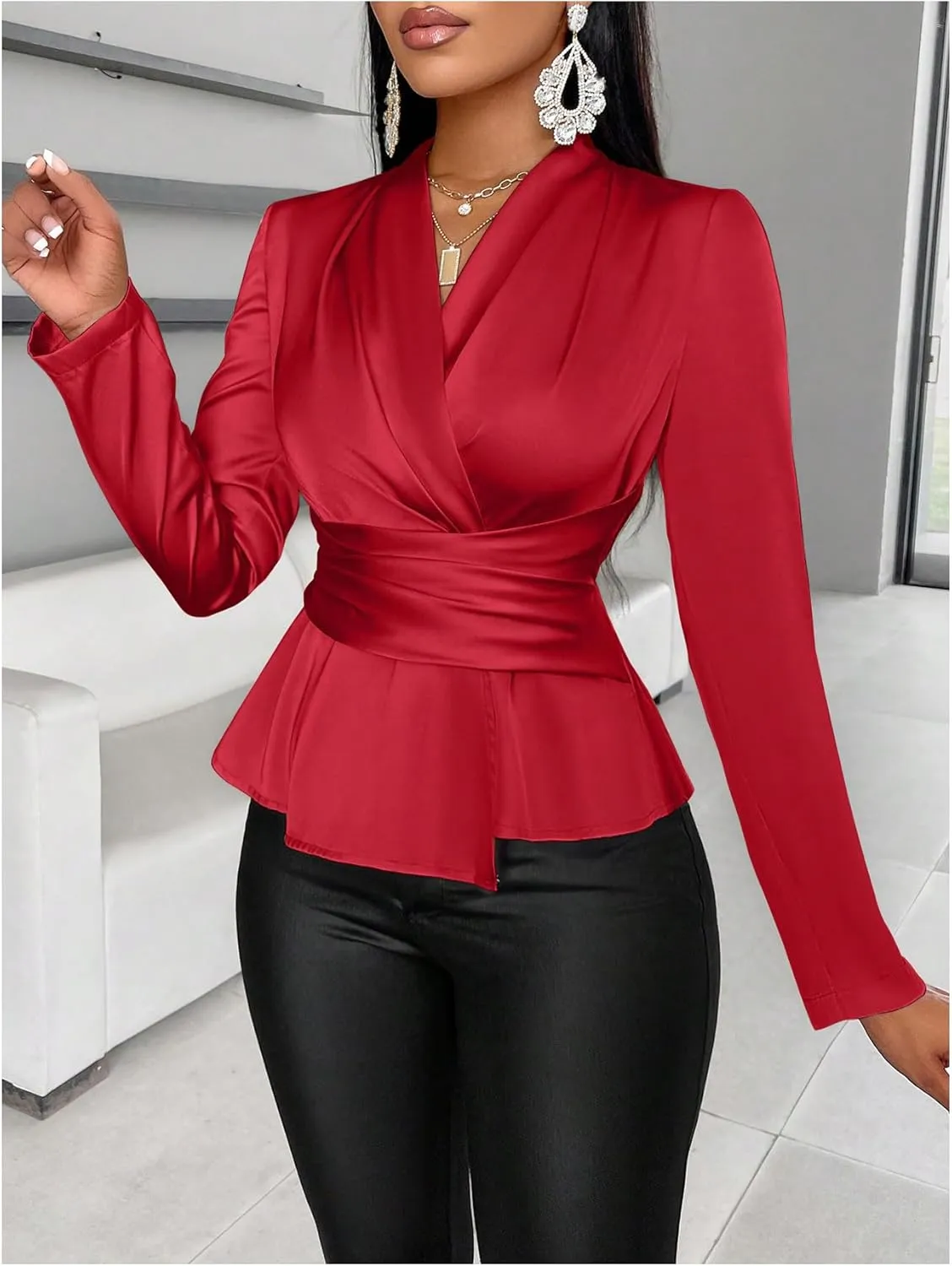 MakeMeChic Women's Wrap V Neck Long Sleeve Ruched Satin Shirt Blouse Elegant Peplum Tops