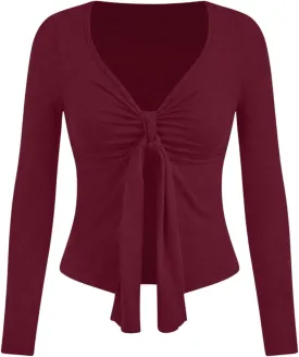 Milumia Women's Ruched Bust V Neck Tie Front Spit Long Sleeve T Shirt Blouse Top