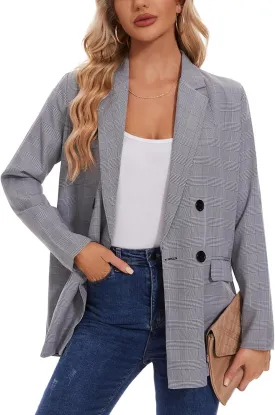 MINTLIMIT Women's Plaid Blazer Casual Long Sleeve Oversized Boyfriend Blazers Double Breasted Lapel Jacket with Pockets