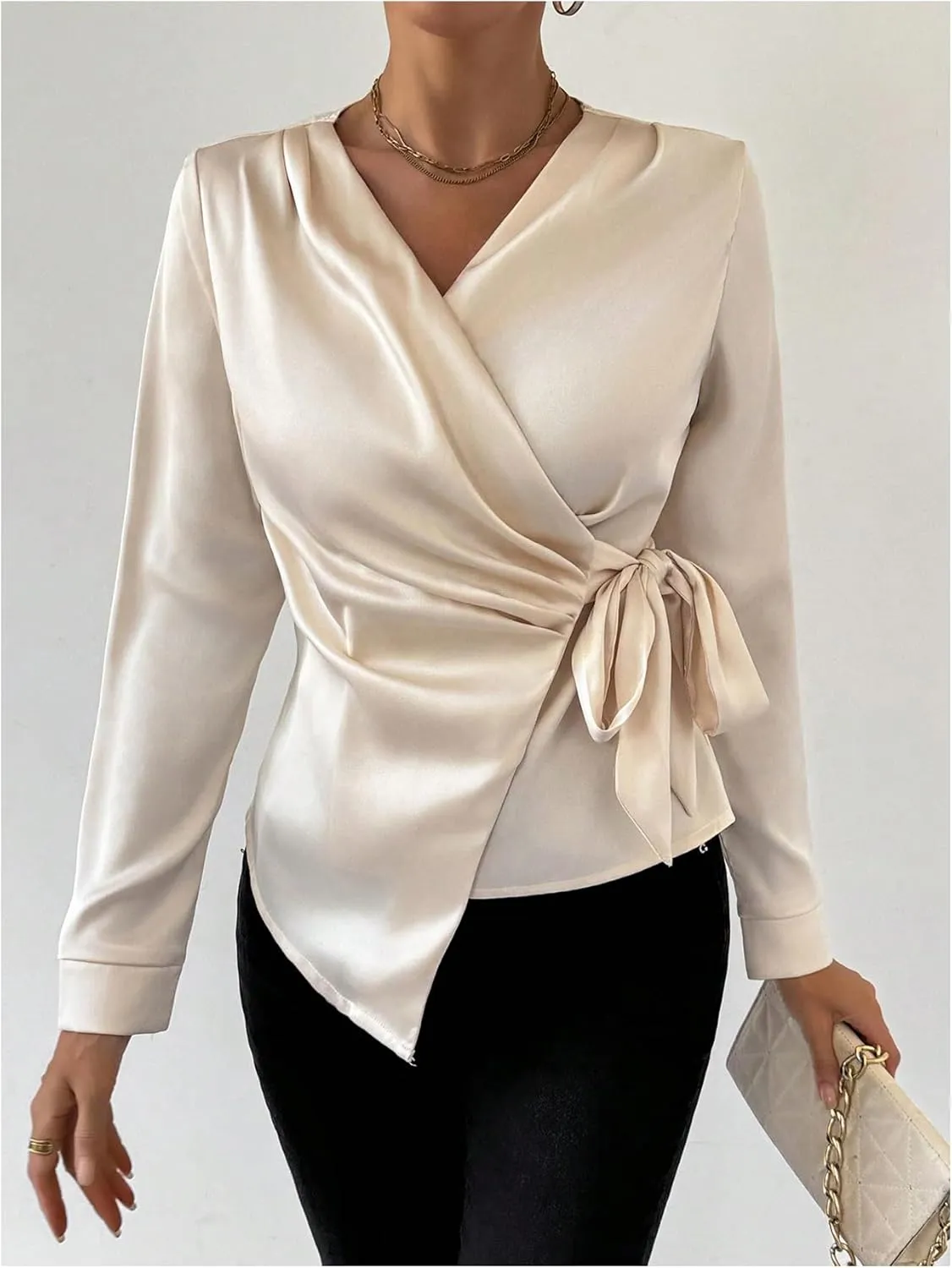 OYOANGLE Women's Elegant Long Sleeve Wrap V Neck Blouse Knot Side Ruched Work Office Tops