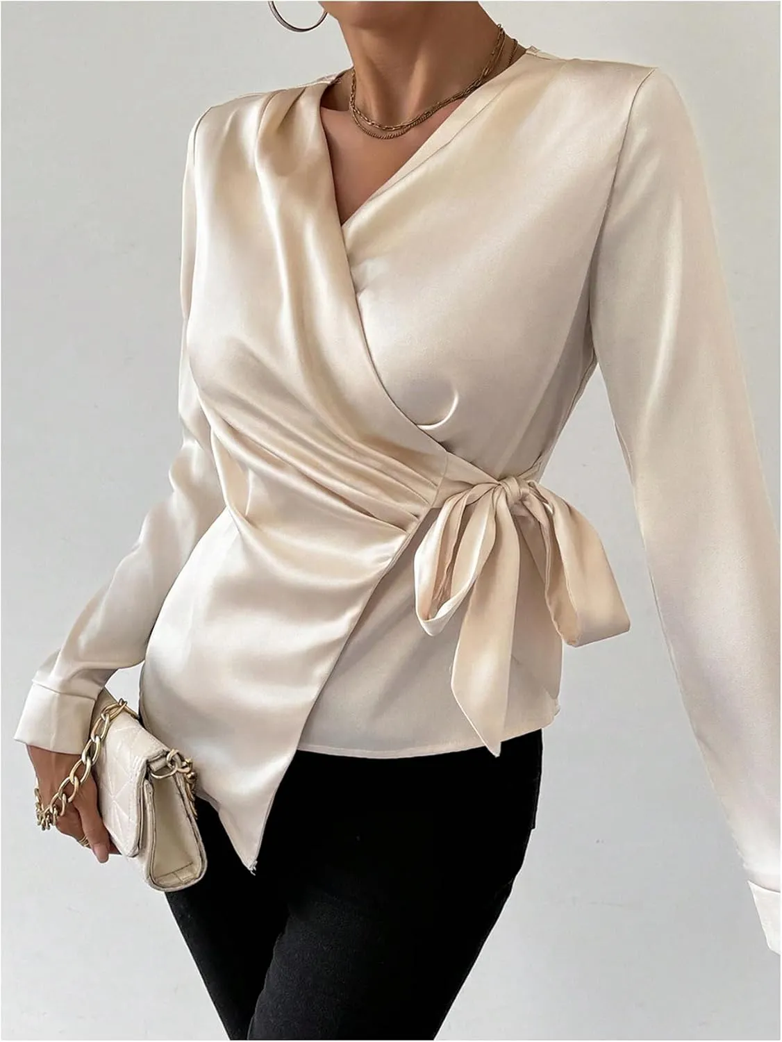 OYOANGLE Women's Elegant Long Sleeve Wrap V Neck Blouse Knot Side Ruched Work Office Tops