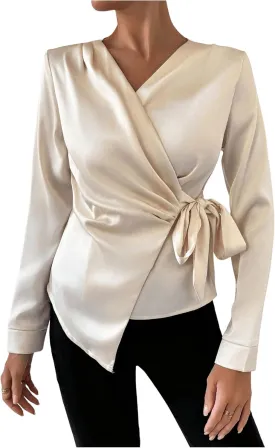 OYOANGLE Women's Elegant Long Sleeve Wrap V Neck Blouse Knot Side Ruched Work Office Tops