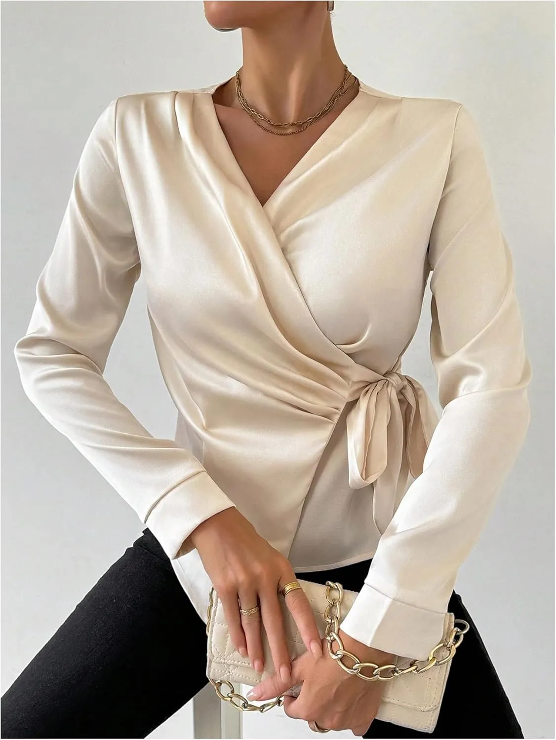OYOANGLE Women's Elegant Long Sleeve Wrap V Neck Blouse Knot Side Ruched Work Office Tops