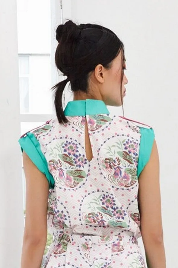 Pre-Order YAN ZI PRINTED COTTON WITH BLUE COTTON SHOULDER FLAP - MANDARIN COLLAR TOP WITH SHOULDER FLAP - MULTI