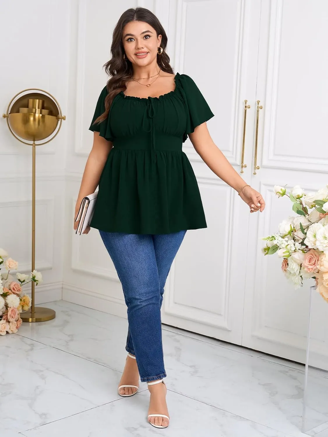 SCOMCHIC Womens Plus Size Peplum Tops Square Neck Short Sleeve Blouse Babydoll Ruffle Cute Summer Top