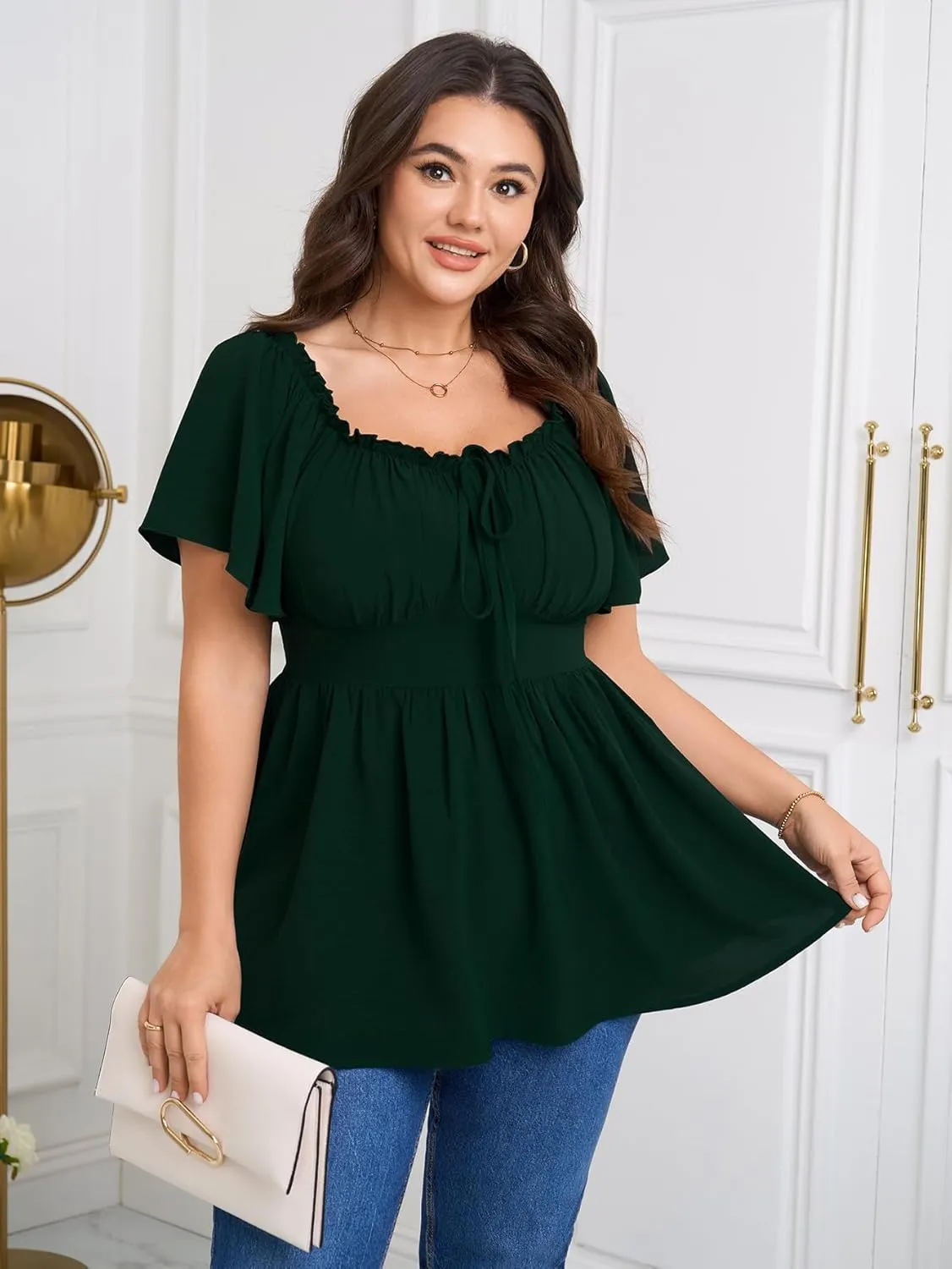 SCOMCHIC Womens Plus Size Peplum Tops Square Neck Short Sleeve Blouse Babydoll Ruffle Cute Summer Top