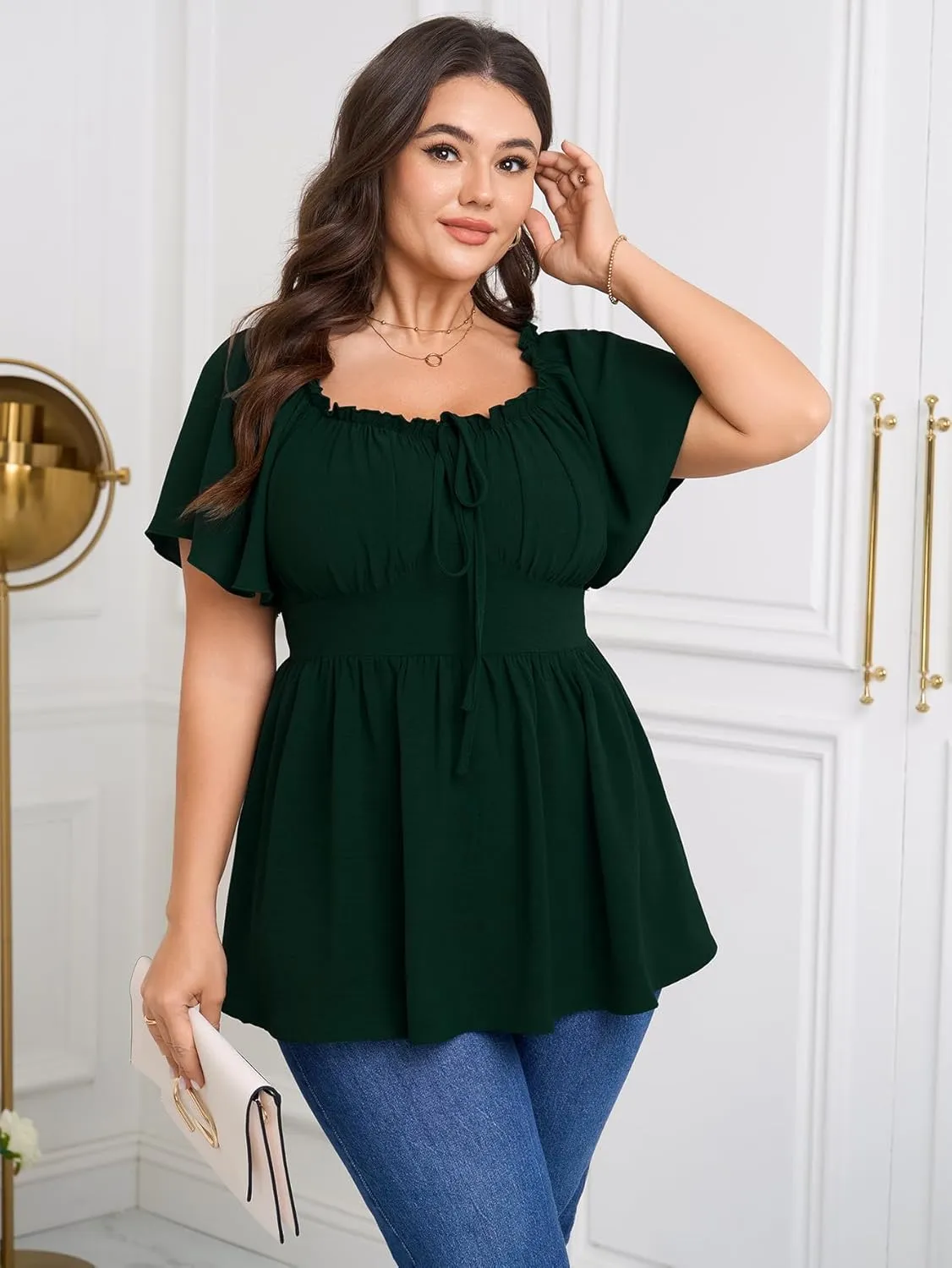 SCOMCHIC Womens Plus Size Peplum Tops Square Neck Short Sleeve Blouse Babydoll Ruffle Cute Summer Top