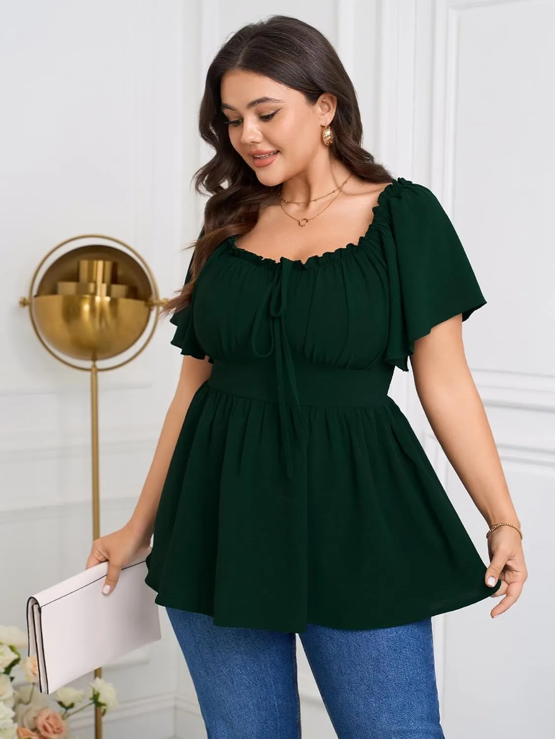 SCOMCHIC Womens Plus Size Peplum Tops Square Neck Short Sleeve Blouse Babydoll Ruffle Cute Summer Top