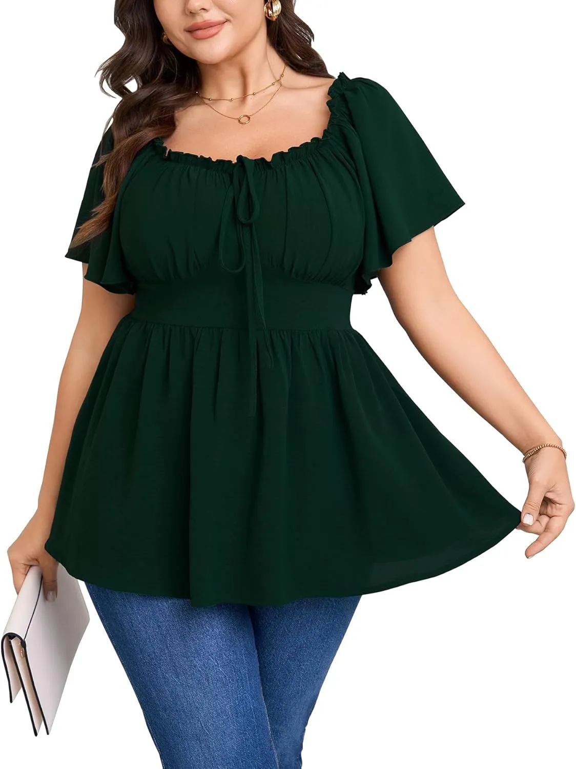 SCOMCHIC Womens Plus Size Peplum Tops Square Neck Short Sleeve Blouse Babydoll Ruffle Cute Summer Top