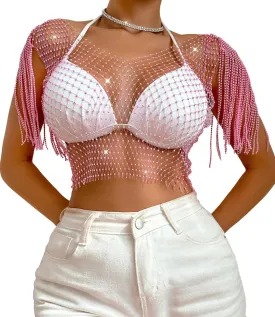 SEAUR Women's Sexy Fishnet Rhinestone Shirt See Through Hollow Out Mesh Cover up Sparkle Party Club Crop Tops