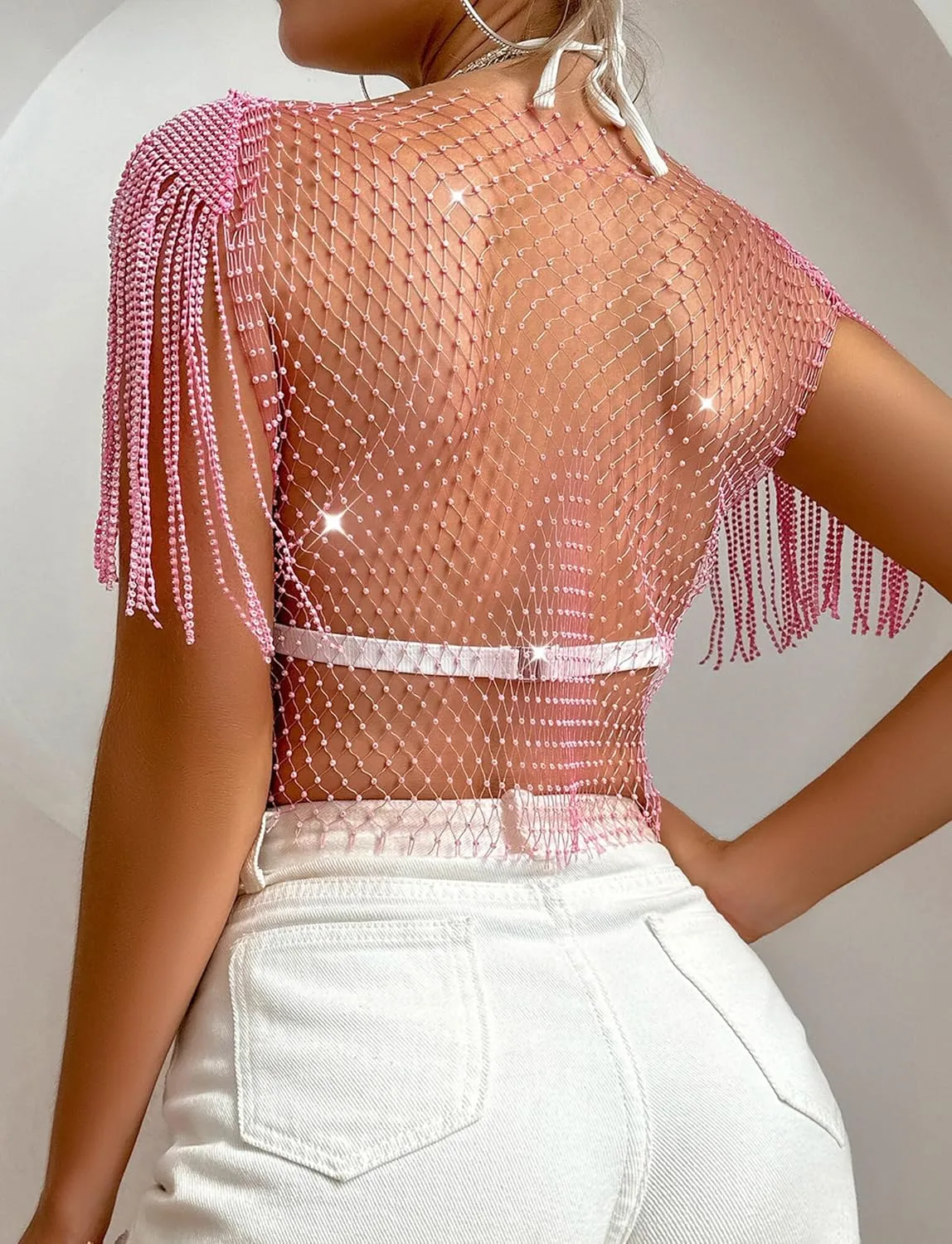 SEAUR Women's Sexy Fishnet Rhinestone Shirt See Through Hollow Out Mesh Cover up Sparkle Party Club Crop Tops