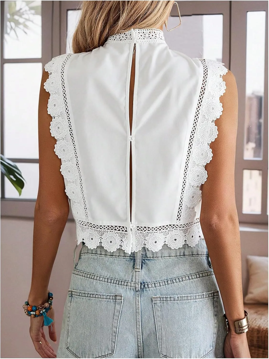 SHENHE Women's Floral Embroidered Scallop Lace Trim Mock Neck Sleeveless Crop Blouse Tops