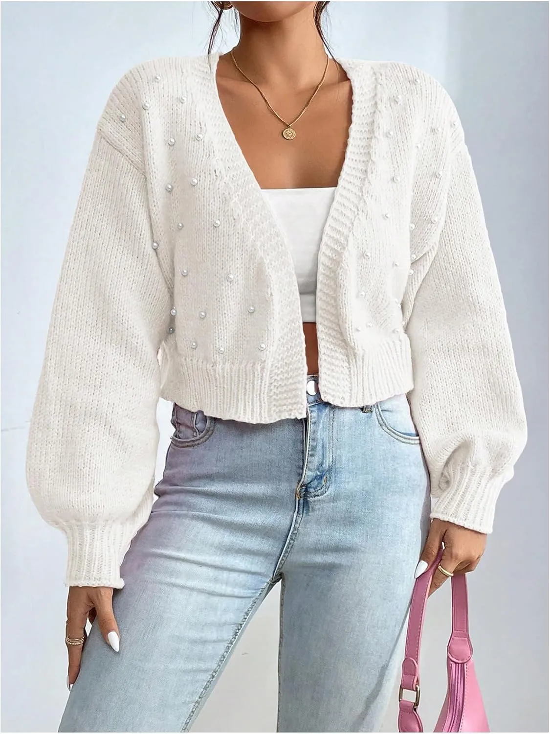 SHENHE Women's Pearl Beaded Open Front V Neck Drop Shoulder Cropped Cardigan Sweater