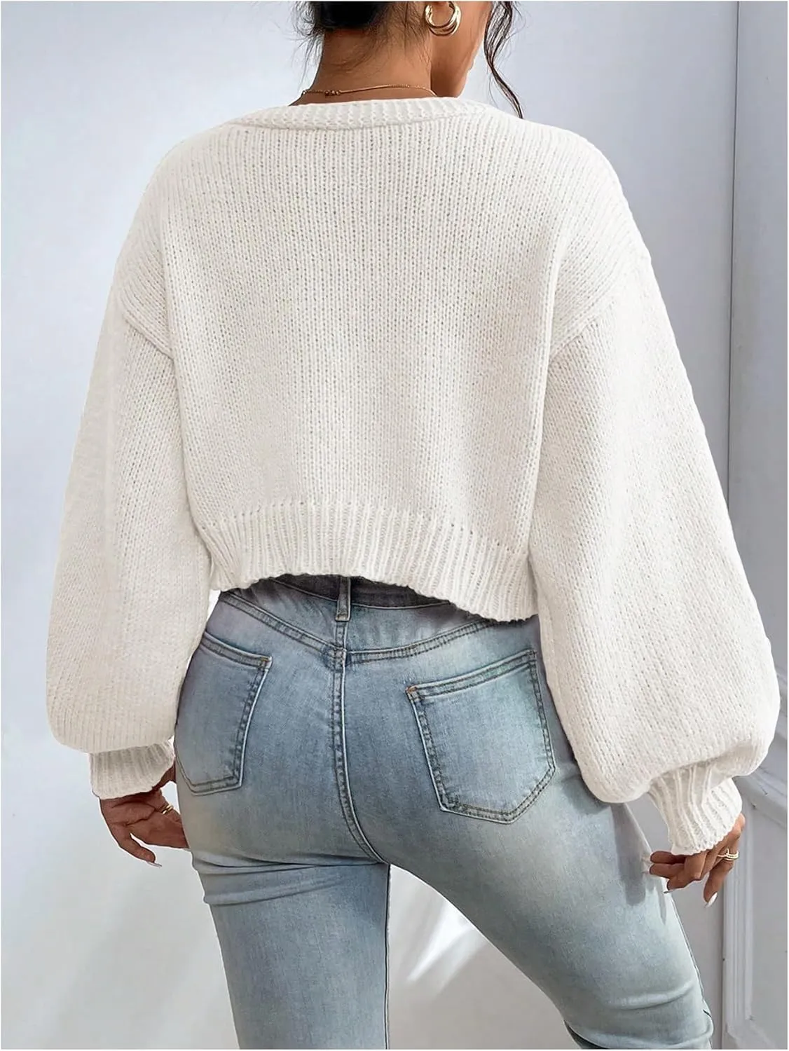 SHENHE Women's Pearl Beaded Open Front V Neck Drop Shoulder Cropped Cardigan Sweater