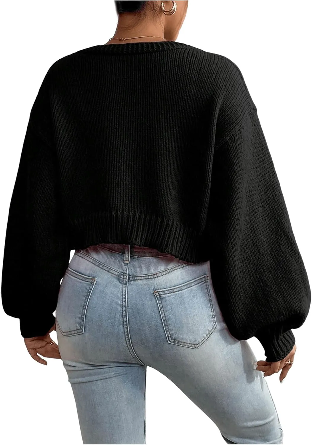 SHENHE Women's Pearl Beaded Open Front V Neck Drop Shoulder Cropped Cardigan Sweater
