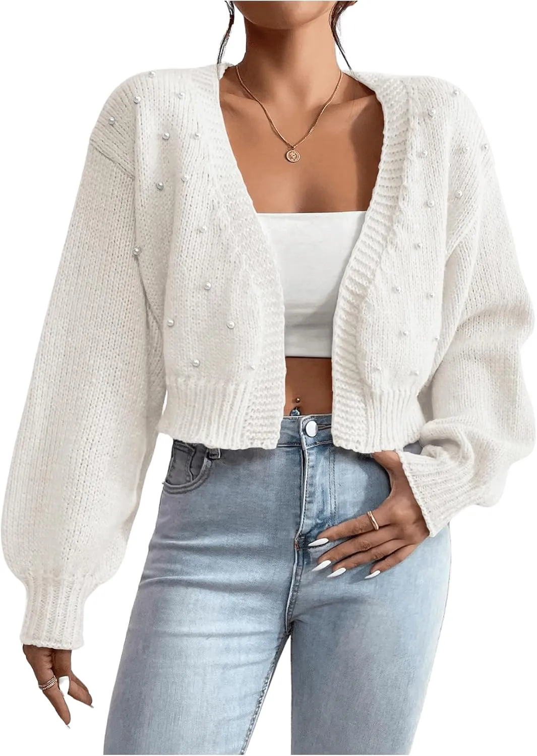 SHENHE Women's Pearl Beaded Open Front V Neck Drop Shoulder Cropped Cardigan Sweater