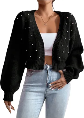 SHENHE Women's Pearl Beaded Open Front V Neck Drop Shoulder Cropped Cardigan Sweater