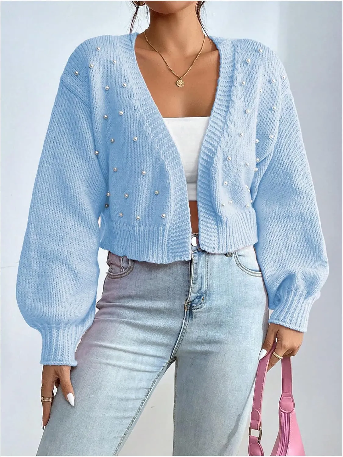 SHENHE Women's Pearl Beaded Open Front V Neck Drop Shoulder Cropped Cardigan Sweater