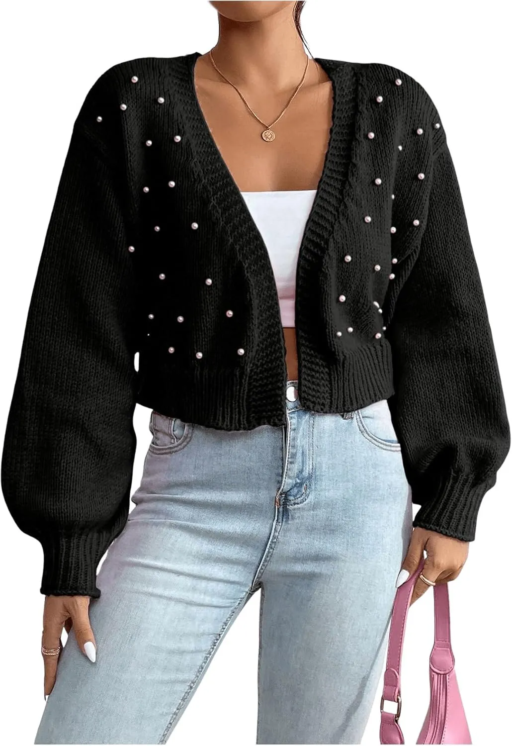 SHENHE Women's Pearl Beaded Open Front V Neck Drop Shoulder Cropped Cardigan Sweater
