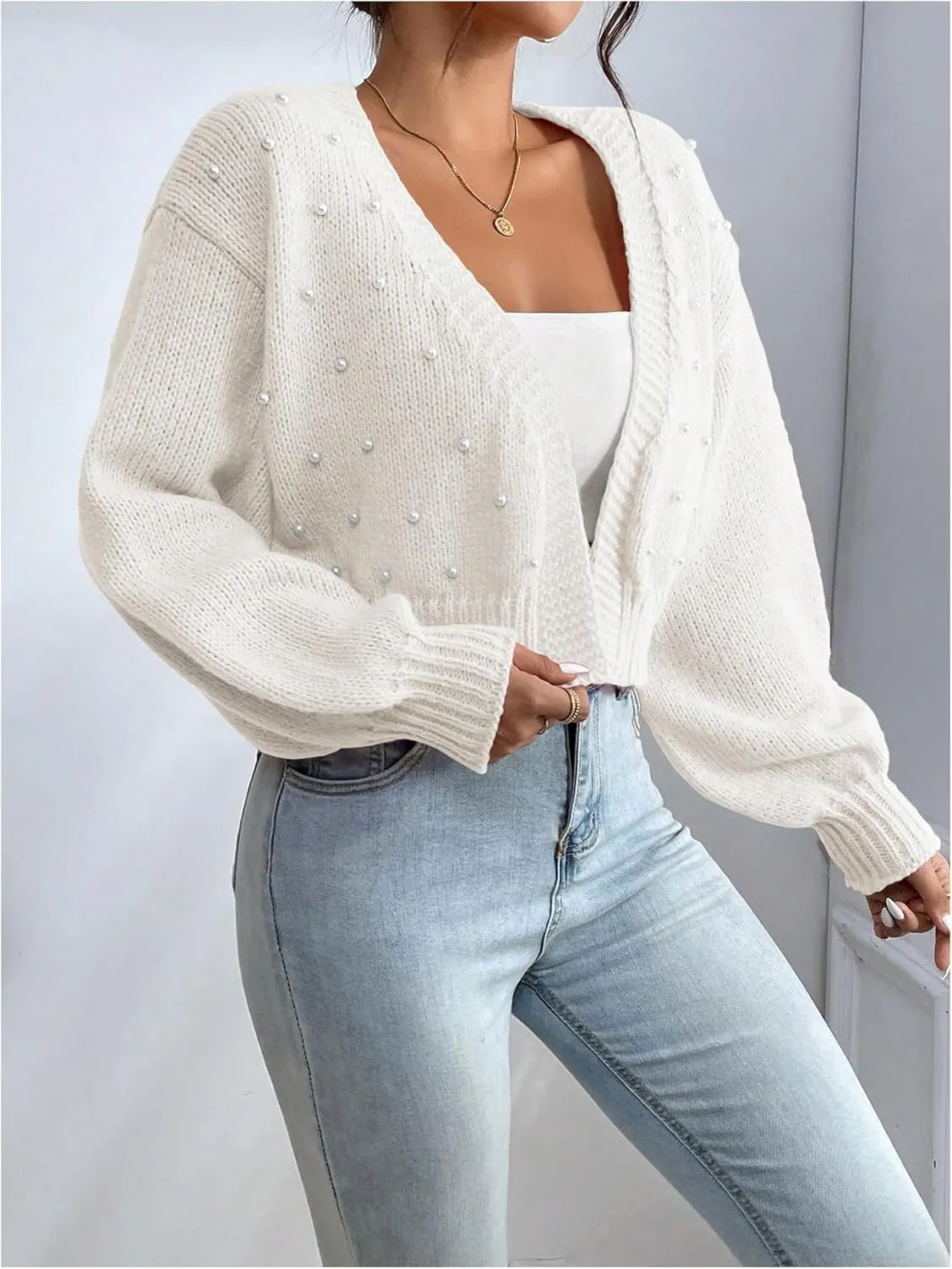 SHENHE Women's Pearl Beaded Open Front V Neck Drop Shoulder Cropped Cardigan Sweater