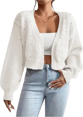 SHENHE Women's Pearl Beaded Open Front V Neck Drop Shoulder Cropped Cardigan Sweater