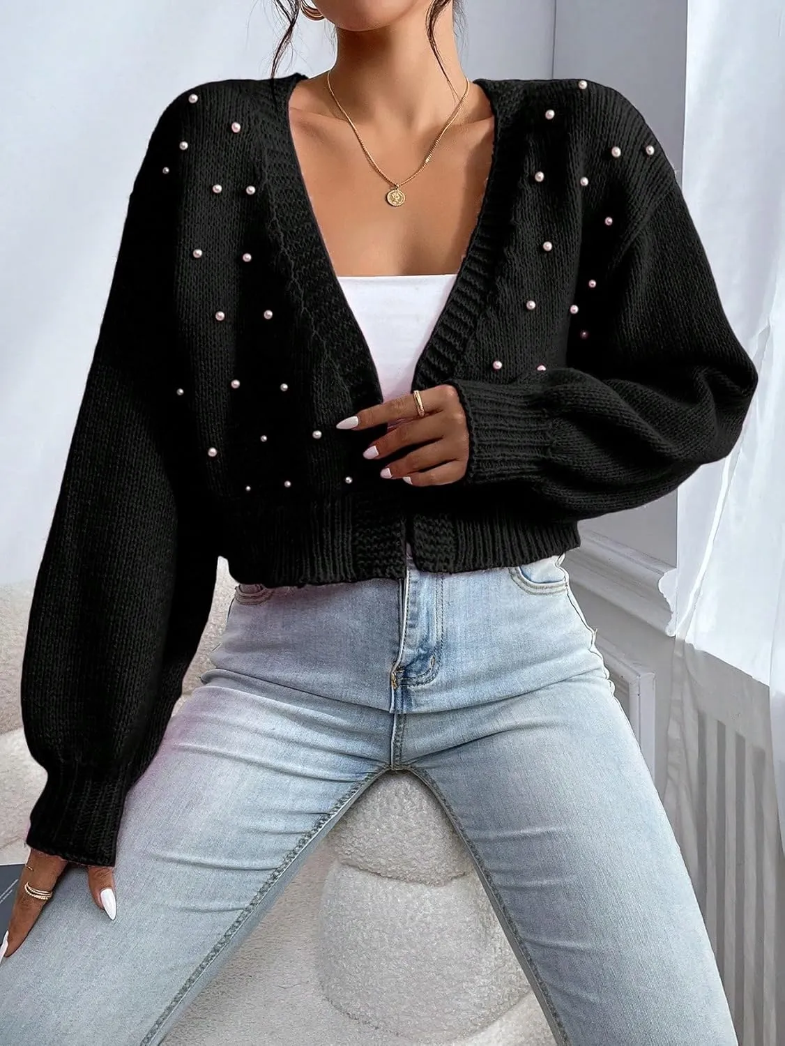 SHENHE Women's Pearl Beaded Open Front V Neck Drop Shoulder Cropped Cardigan Sweater