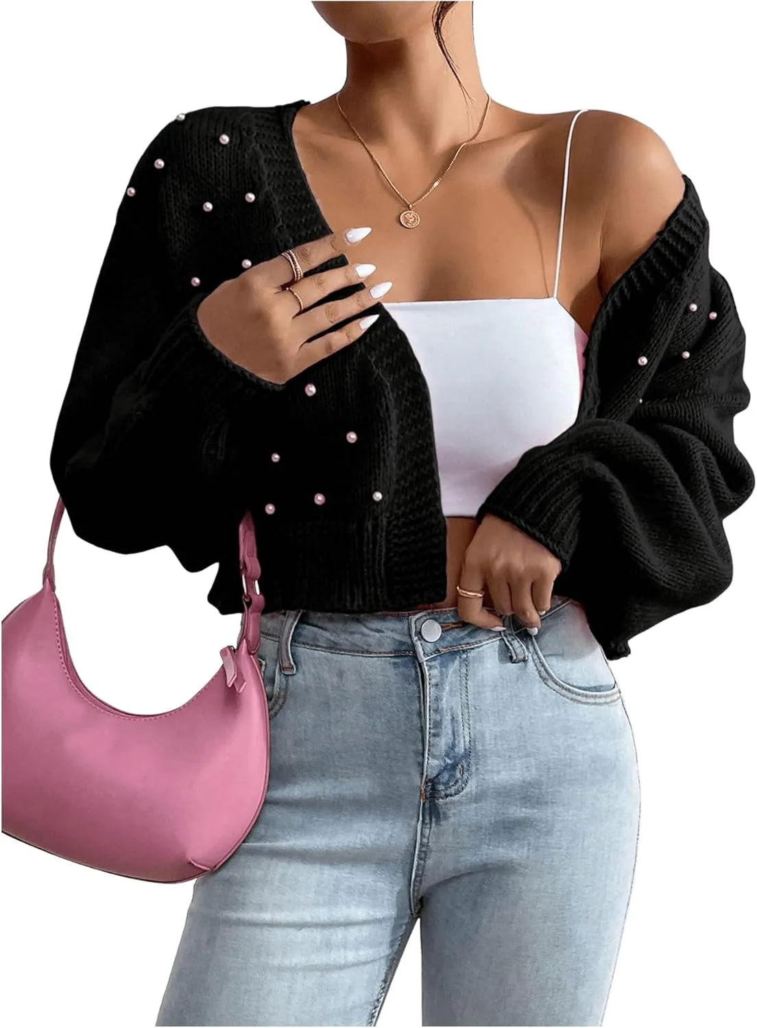 SHENHE Women's Pearl Beaded Open Front V Neck Drop Shoulder Cropped Cardigan Sweater