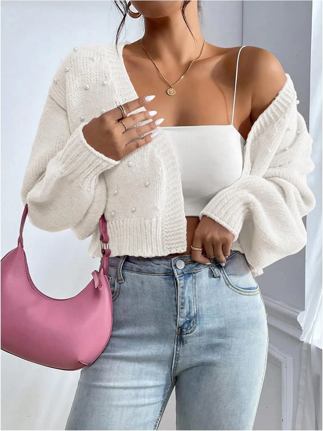 SHENHE Women's Pearl Beaded Open Front V Neck Drop Shoulder Cropped Cardigan Sweater