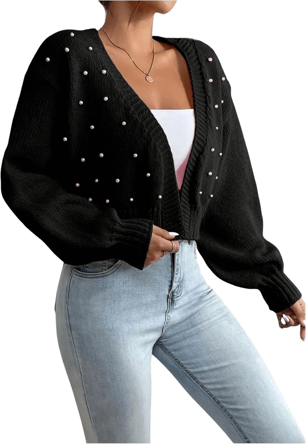 SHENHE Women's Pearl Beaded Open Front V Neck Drop Shoulder Cropped Cardigan Sweater
